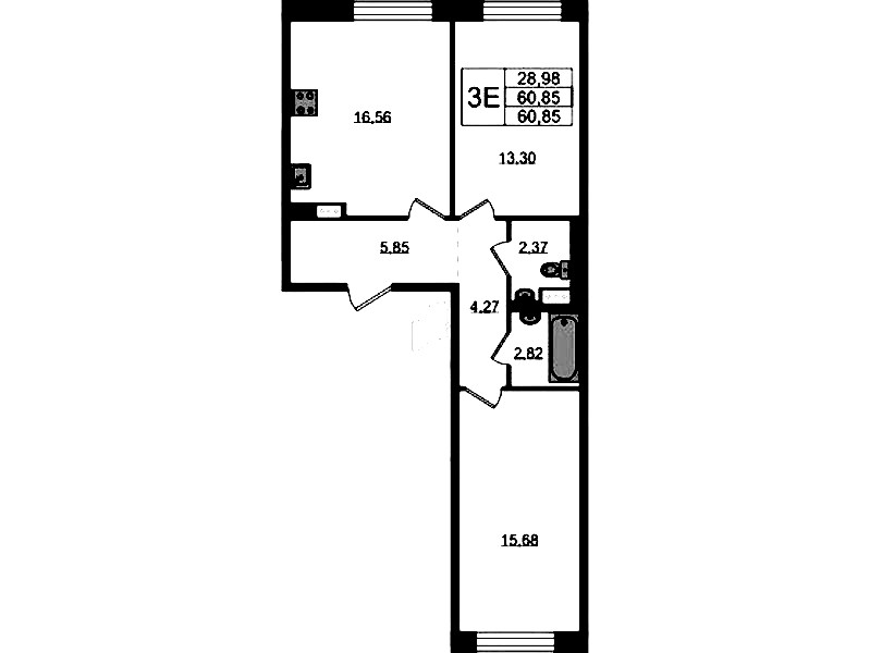 2-комнатная квартира 60.85 м², 4/8 эт., ЖК «Живи! В Рыбацком»